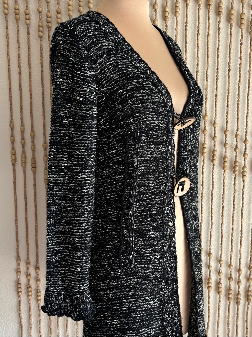 BCBG MAXAZRIA Black White Y2K
Open Front Button Ruffle Hem Long Knit Sweater L - Picture 3 of 5